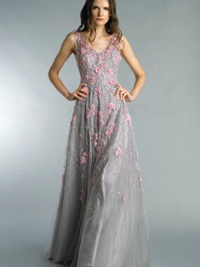 D8670L V Neck Floral Gown - Grey Pink